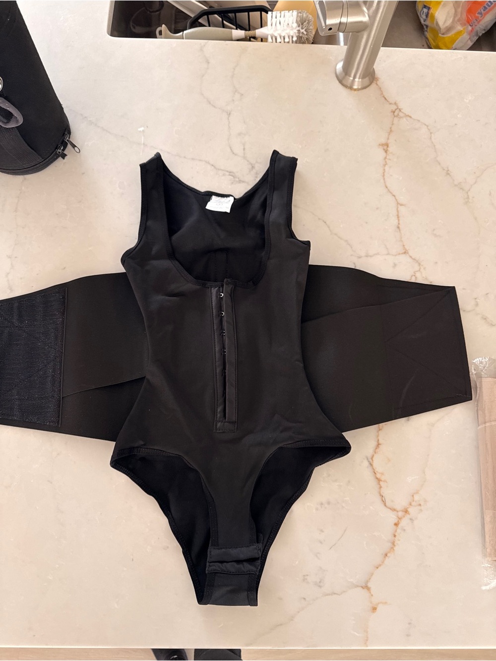 Black Front-Zip Waist Shaper Bodysuit with Adjustable Closure